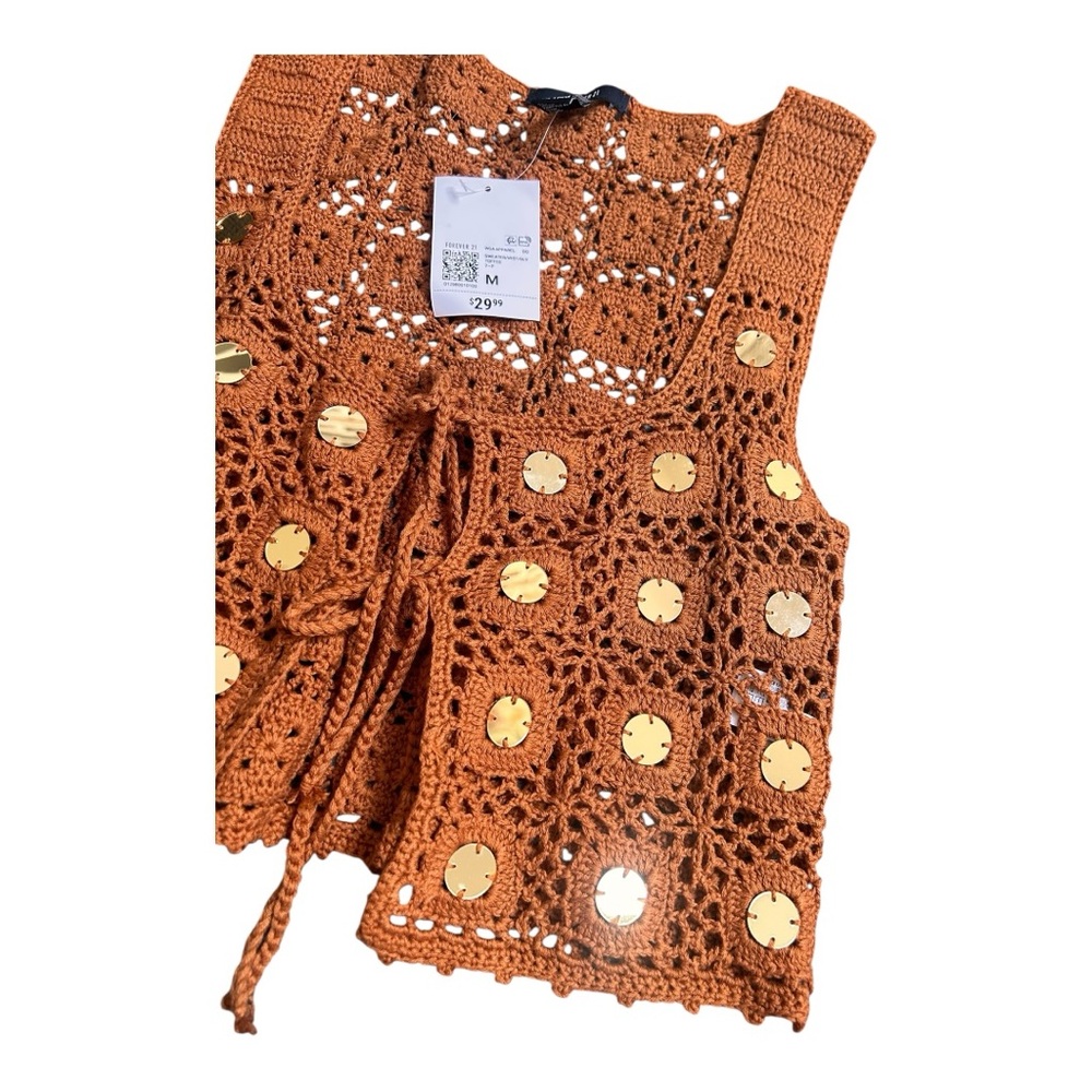 5/$25 Sale Forever 21 brown or orange crochet vest with gold-colored sequins Med - Picture 5 of 7